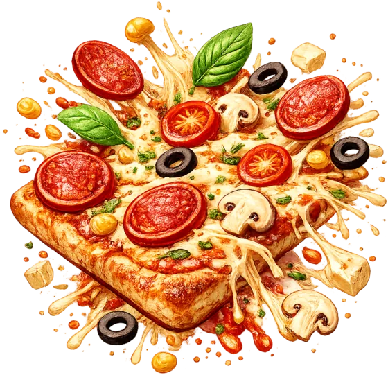 Loaded square pizza bursting with toppings